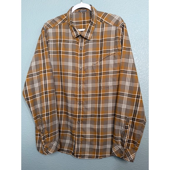 TOAD&CO Mens Flannel Plaid Button Up Shirt Cotton XL Brown Navy Western FLAW - Picture 14 of 14